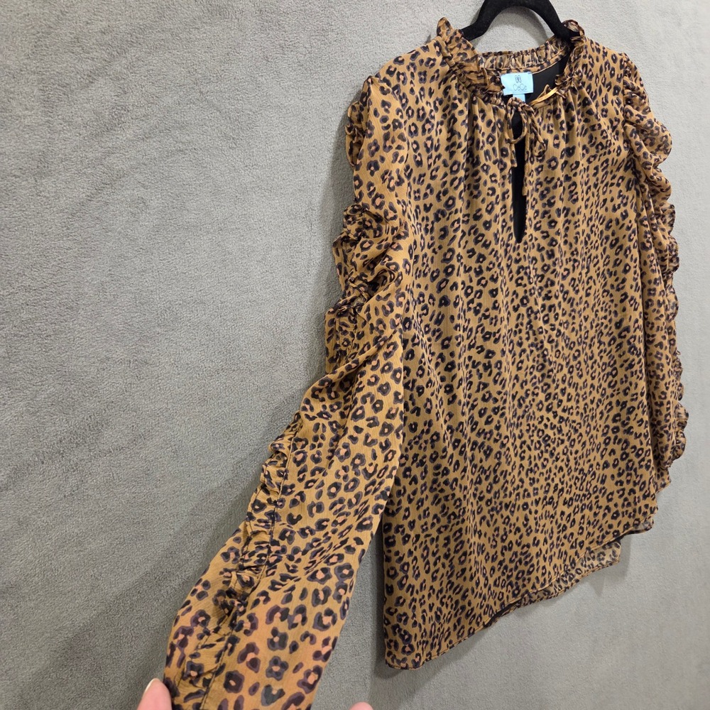 CeCe Ruffle Ruched Leopard Print Blouse Women's Size Small Office Romantic Chic - Picture 2 of 14